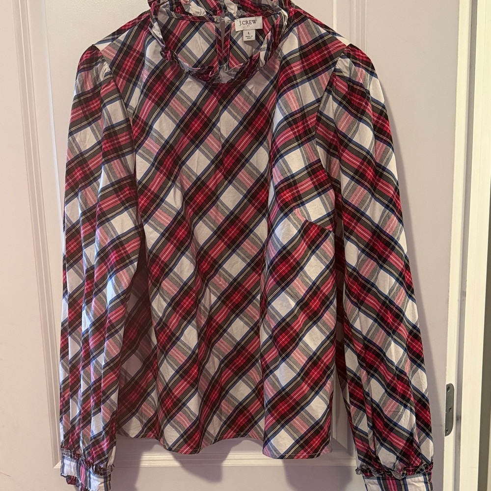 J. Crew Red and Blue Plaid Ruffle Blouse